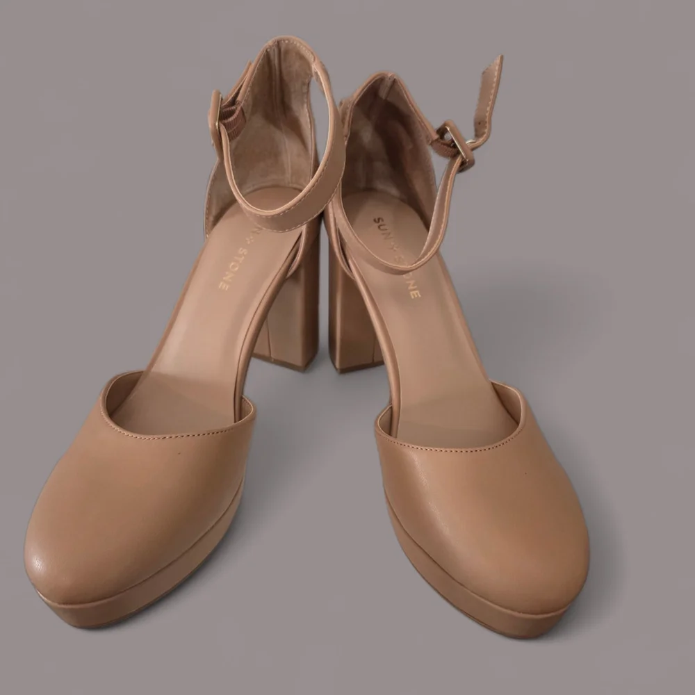 Sun + Stone Tan Block Heel Platform Ankle Strap Sandals Women’s Size 10 - Picture 2 of 5